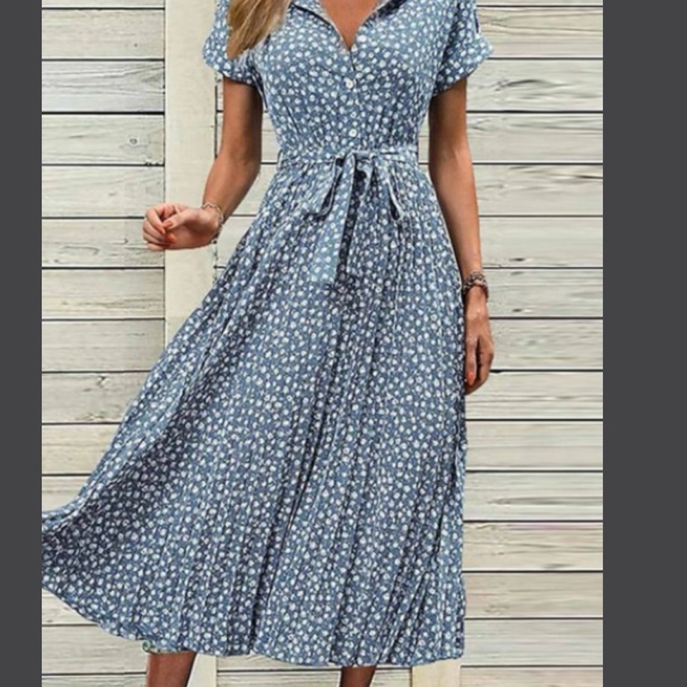 Blue Floral Tie-Waist Midi Dress